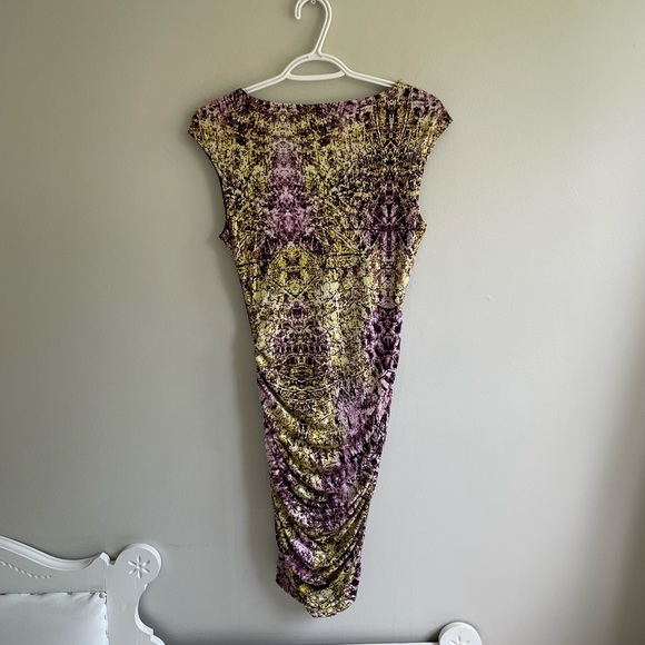 PURPLE YELLOW SLEEVELESS DRESS RUCHING ZIPPER STRETCH LINED ROUND NECK - Picture 10 of 13